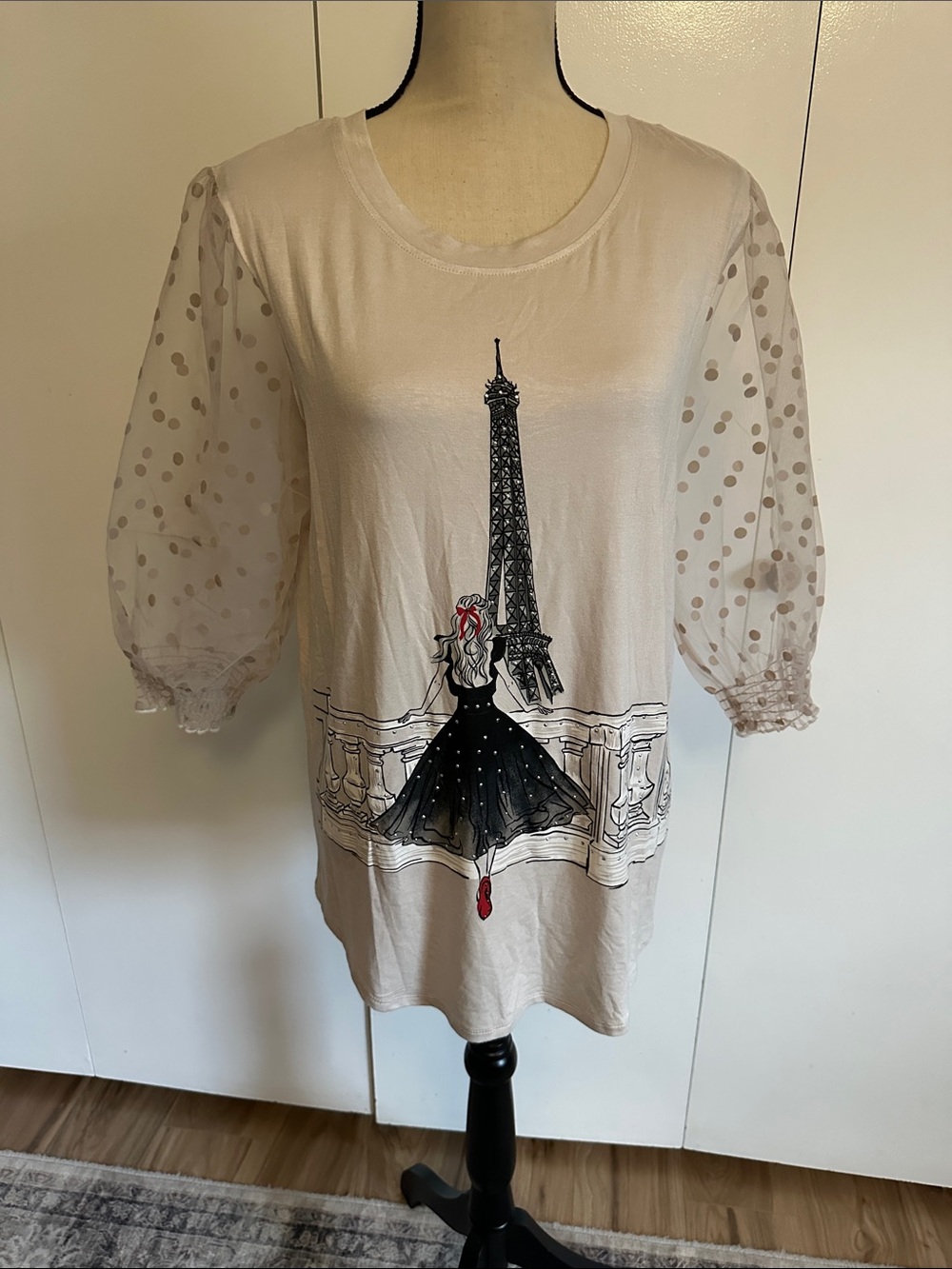 White Eiffel Tower Graphic Tee with Polka Dot Puff Sleeves